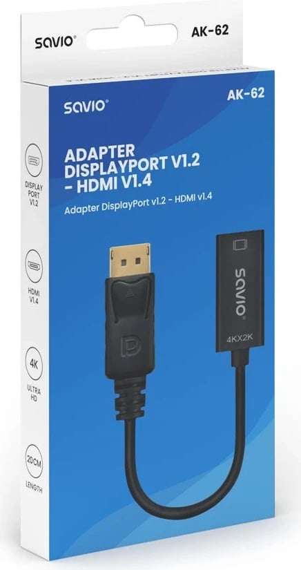 Adapter Savio DisplayPort (M) v1.2 - HDMI A (F) v1.4, 4K, AK-62 Adapter Savio DisplayPort (M) v1.2 - HDMI A (F) v1.4, 4K, AK-62