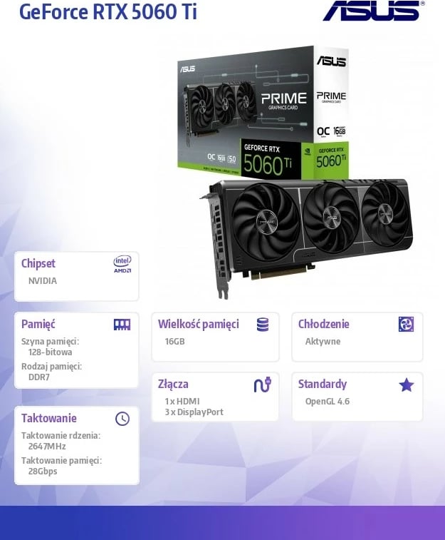 Kartelë grafike Asus GeForce RTX 5060 Ti Prime OC, 16GB GDDR7, 128-bit, 3x DisplayPort/HDMI, e zezë