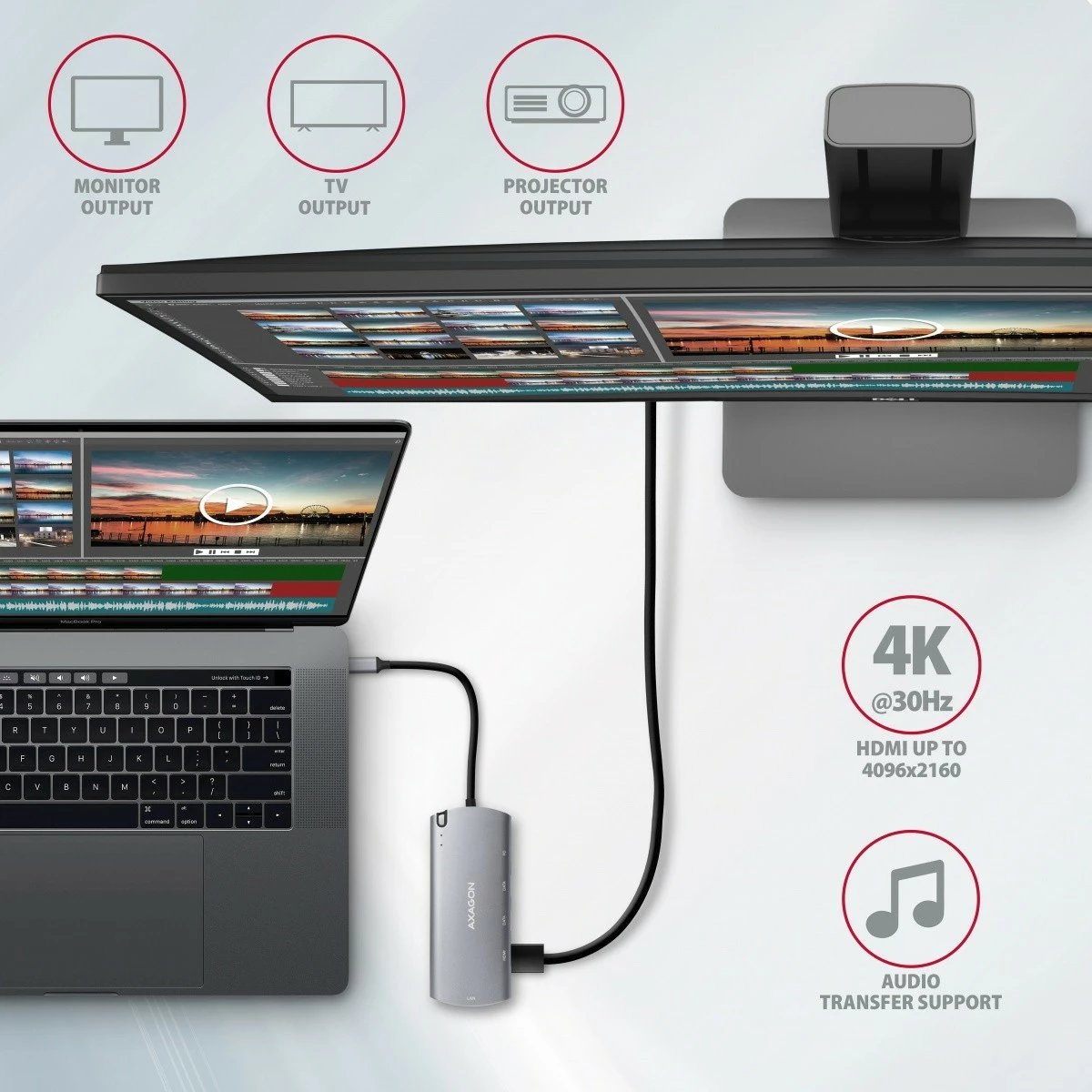 Kasë AXAGON HMC-6M2, multiport USB-C 3.2 Gen 1 hub, slot M.2 SATA, HDMI, GLAN, 2x USB-A, PD 100W, Gri