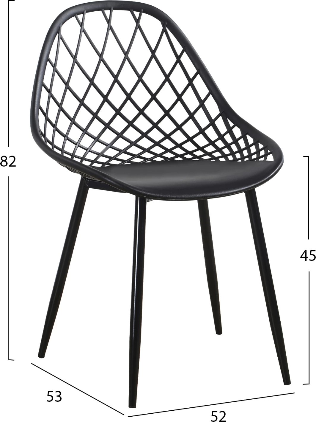 Karrige polipropileni, FH9524.02, ngjyrë e zezë, me këmbë metalike mat, 52x53x82H cm, set prej 4 copash