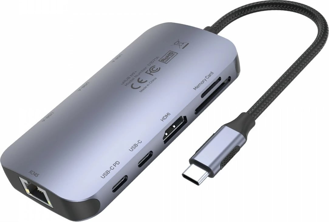 HUB USB-C Unitek D1071A 9-në-1, HDMI 2.0, RJ45, SD Card Reader, Argjend