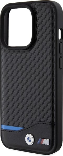 Mbështjellës BMW Leather Carbon MagSafe për iPhone 15 Pro, i zi