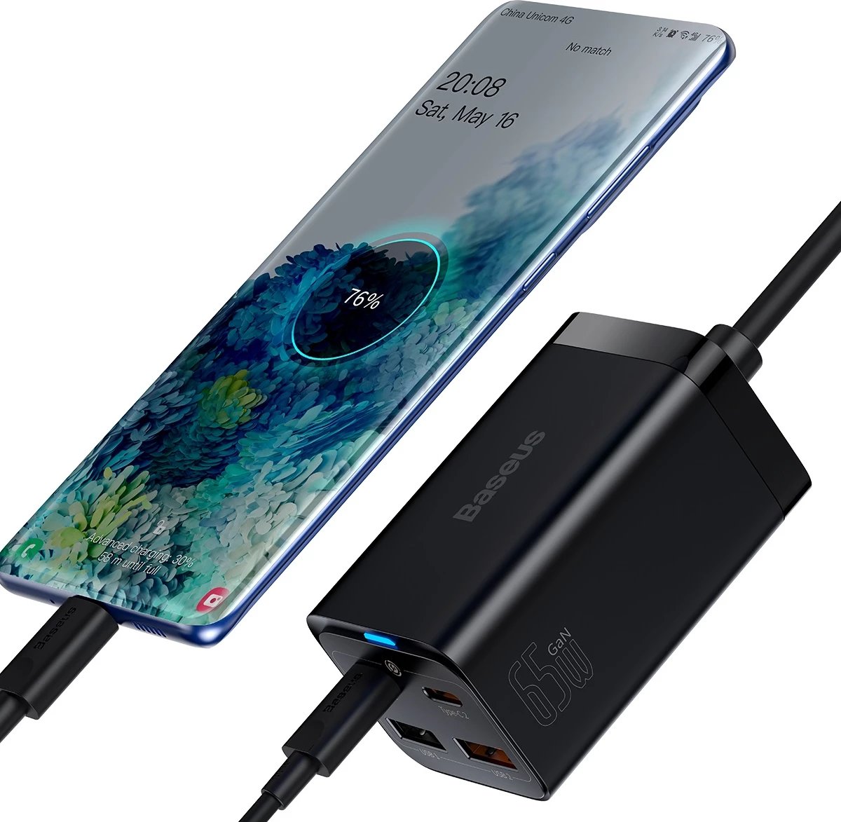 Karikues i shpejtë Baseus GaN3 Pro 65W, 2x USB Type-C, 2x USB, me kabllo USB-C 1m, Zi