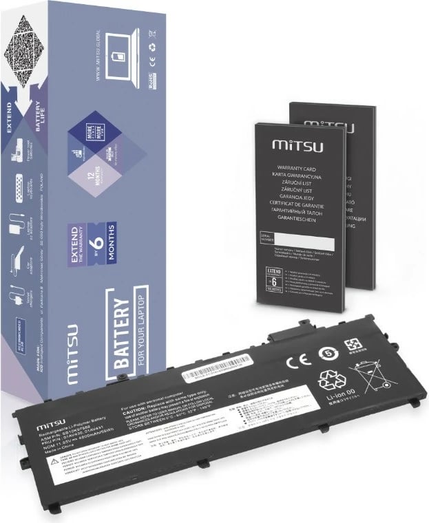 Bateri laptop Mitsu për Lenovo ThinkPad X1 Carbon 5/6, 4800 mAh, 11.55V, Li-poly