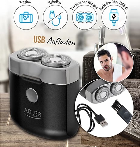 Makinë rroje, Adler, AD 2936, dy koka, USB-C, pa kabllo, 250mAh, e zezë