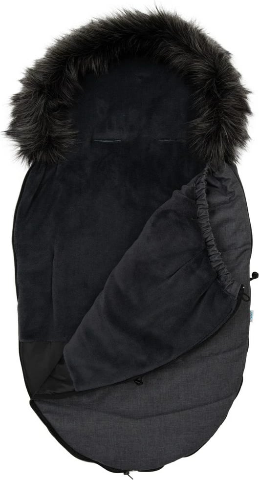 Thes gjumi për karrocë NEW BABY, fleece i ngrohtë me kapuç me gëzof sintetik të heqshëm, i papërshkueshëm nga uji e era, sistem universal rripash, 90x49 cm, gri e errët