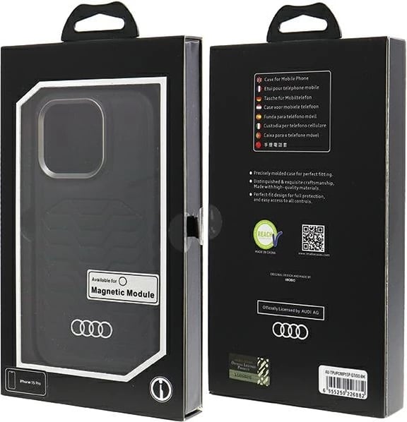 Mbështjellës Audi për iPhone 15 Pro, lëkurë sintetike me MagSafe, zi