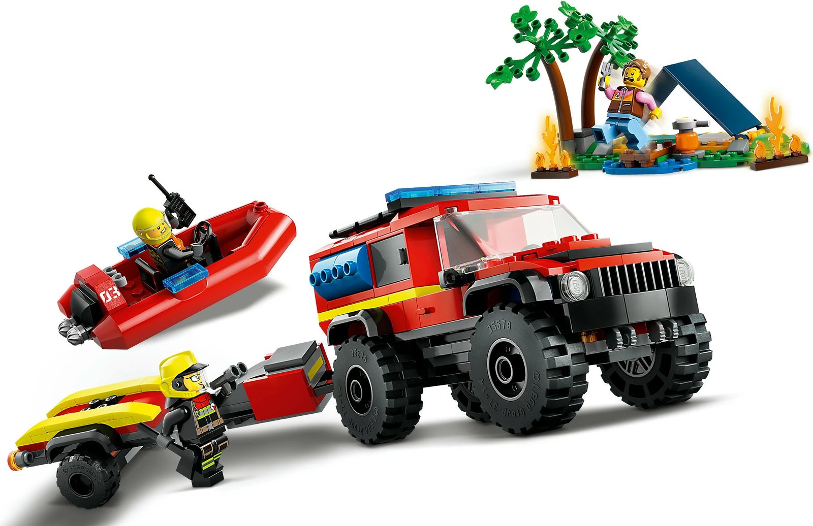Set ndërtimi LEGO City 4x4 Kamion Zjarri me Varkë Shpëtimi 301 pjesë, multingjyrësh