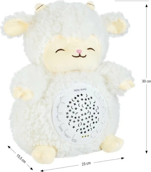 Lodër pelushi me projektor, Milly Mally Milly Sheep 5664, 10 ninulla, 5 zhurma të bardha, timer 30/60/90 min, 7 drita, me bateri AA, 30×15.5×23 cm, e bardhë
