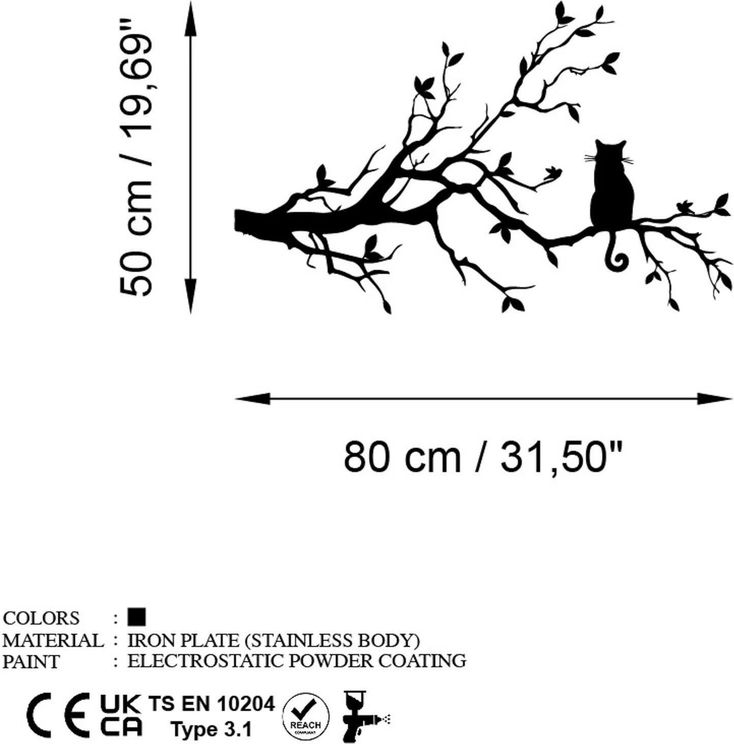 Aksesor dekorativ metalik për mur, mace, Wallity, Cat 12, ngjyrë e zezë, 80x50cm