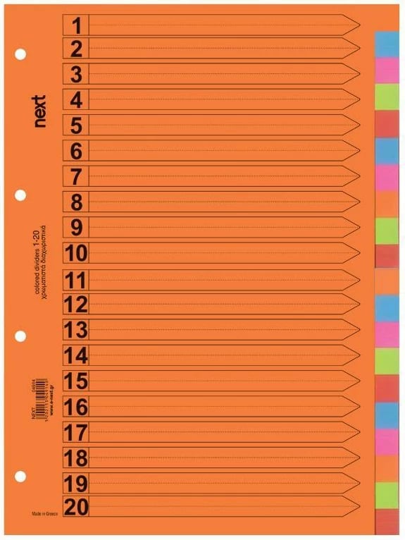 Ndërndarës letre Next për dosje, 1-20, A4, Portokalli