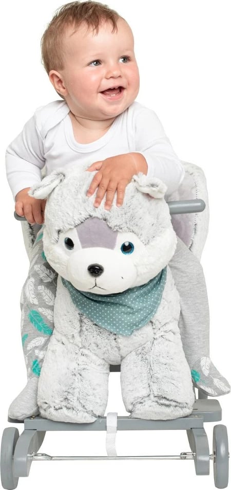 Lodër lëkundëse me rrota dhe melodi, PlayTo, Husky, sedilje me shpinore, deri 30 kg, 3+ vjeç, gri