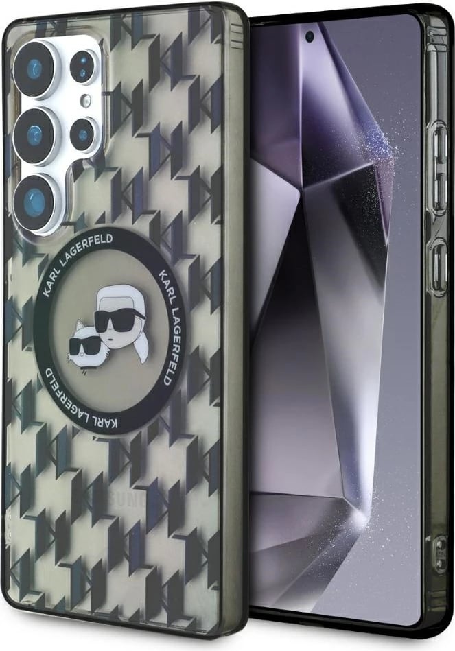 Mbështjellës Karl Lagerfeld Button Karl & Choupette Heads On KL Pattern MagSafe për Samsung Galaxy S25 Ultra, zi