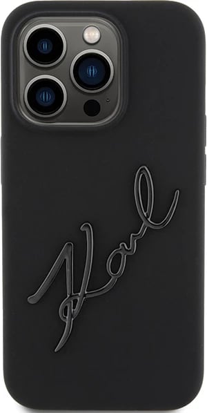 Mbështjellës Karl Lagerfeld Silicone Karl Script për iPhone 15 Pro, i zi