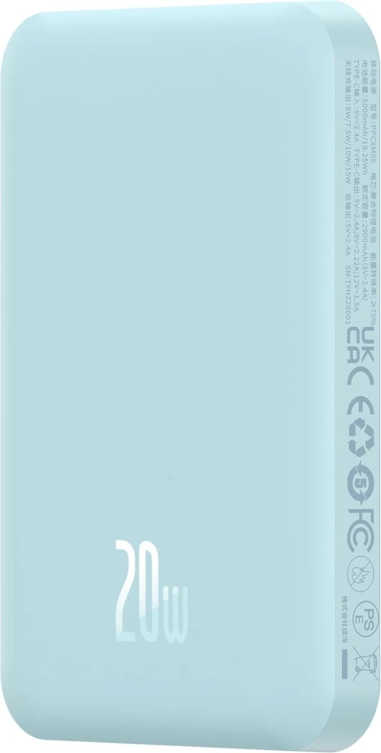 Power bank Baseus Magnetic Mini 5000mAh, 20W, USB-C, blu, me kabllo
