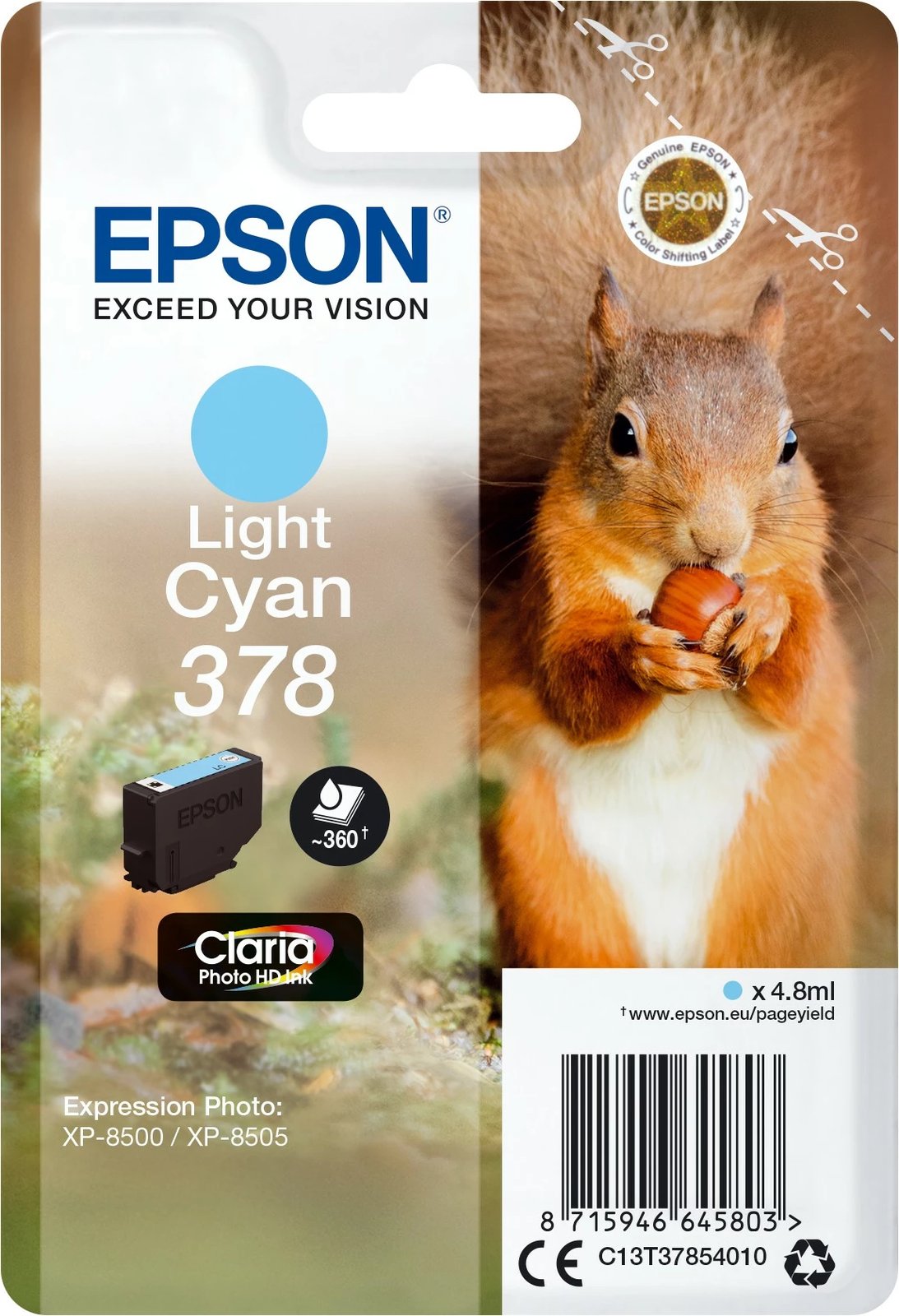 Bojë Epson Squirrel Singlepack Light Cyan 378 Claria Photo HD, Kapacitet standard, 4.8 ml