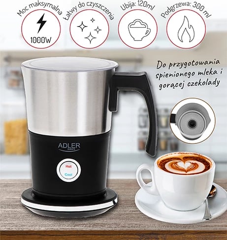 Shkumues qumështi, Adler, AD 4497, 300 ml/120 ml, 500-600W, bazë 360°, gotë pa kabllo, e zezë me Inox