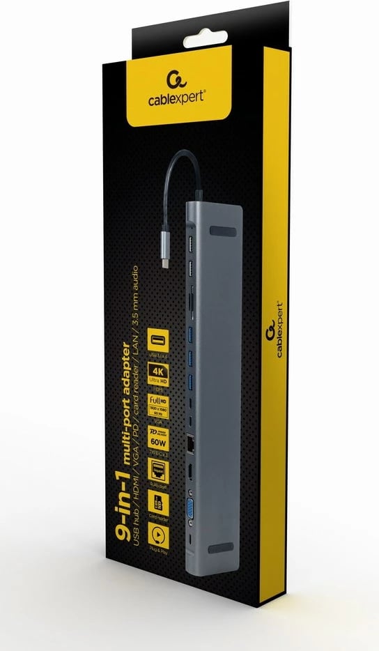 Përshtates USB me shumë porte Gembird A-CM-COMBO9-01, 9x porte, hiri