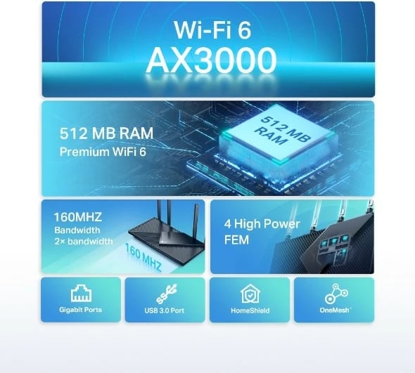 Router TP-LINK Archer AX55 AX3000, 4 LAN, 1 WAN, 1 USB, Wi-Fi 6, i zi