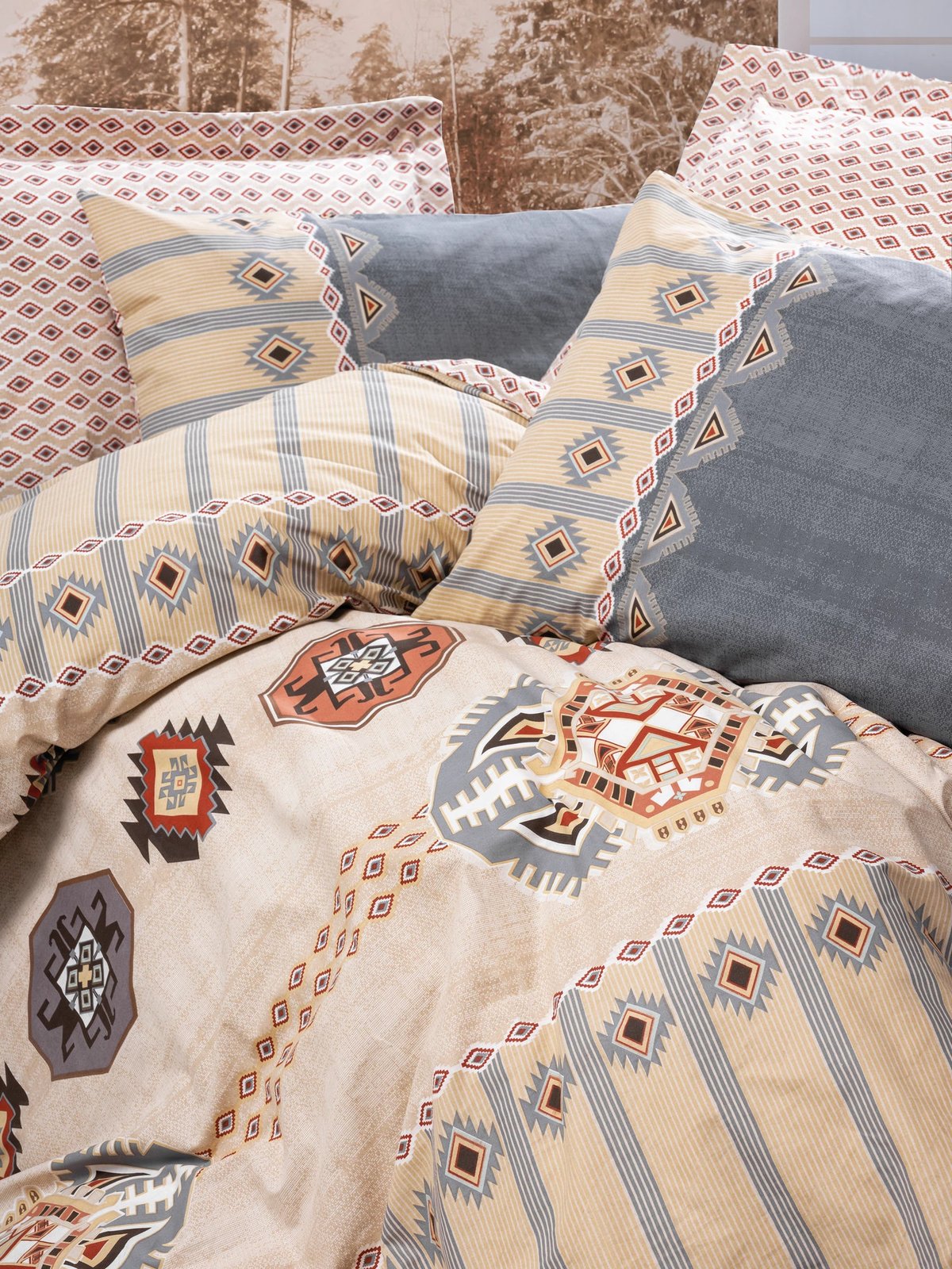 Set mbulesë për jorgan Super King, ngjyrë gri, beige, portokalli, e kuqe, L'essentiel, Dakota