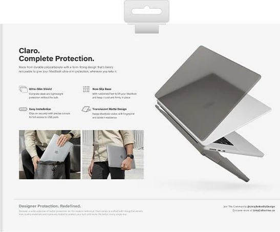 Mbështjellës laptopi UNIQ Claro për MacBook Air 13 (2022 M2), polikarbonat ultra i hollë, 2-pjesësh, gri