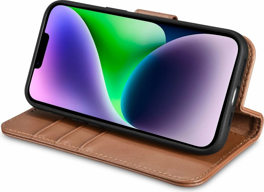Mbështjellës iCarer Wallet Case 2in1 për iPhone 14, lëkurë, Anti-RFID, Kafe