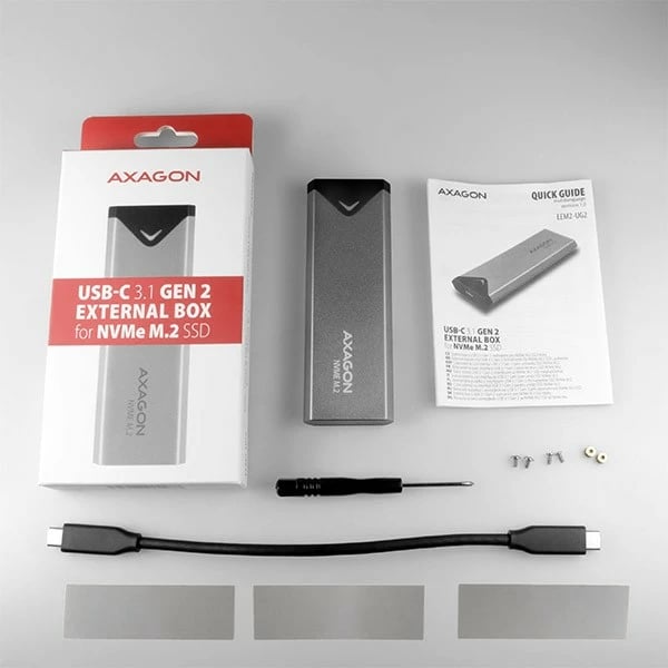 Kasë e jashtme AXAGON EEM2-UG2 për NVMe M.2 SSD, USB-C 3.2 Gen 2, 42-80 mm, argjendtë/zezë