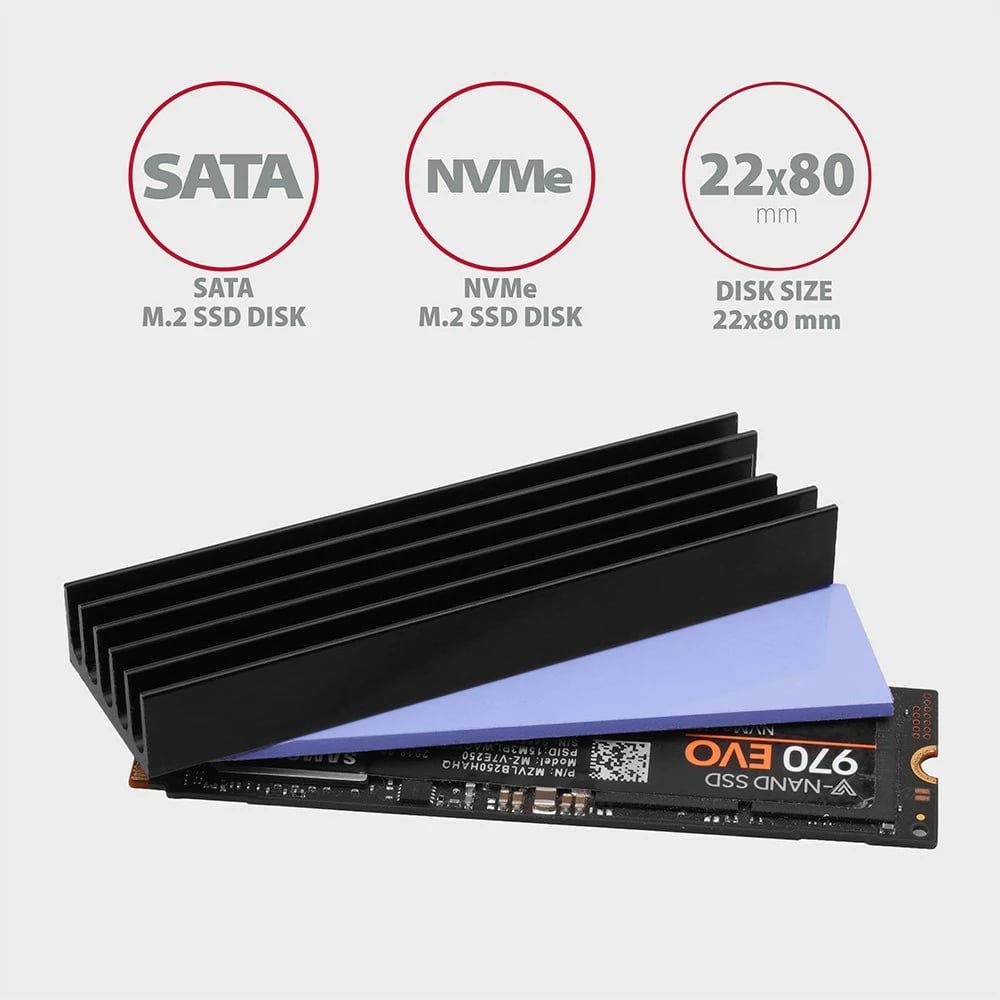 Ftohës pasiv AXAGON CLR-M2L10 për SSD M.2, alumini, 10mm, i zi