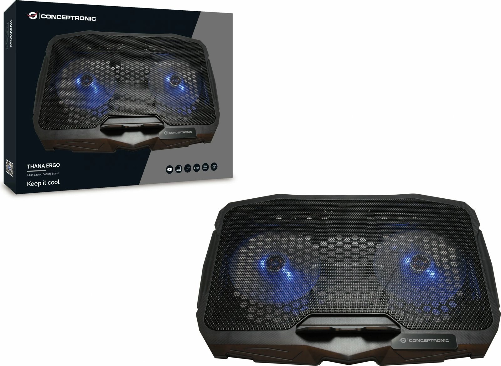 Ftohës laptopi Conceptronic 2-Fan, USB-A 2.0, ERGO, 17 inç, zi