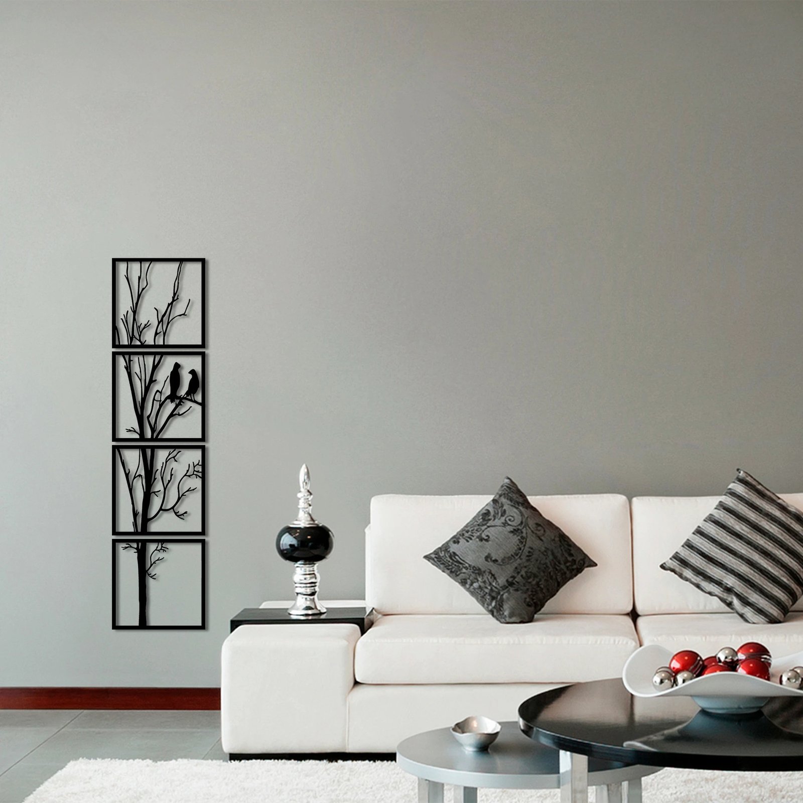 Aksesor dekorativ metalik për mur, dru dhe zogj, set prej 4 copash, Wallity