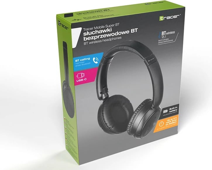Kufje pa tela, Tracer Mobile Super BT (TRASLU47379), Bluetooth 5.1 40 mm, mikrofon, 200 mAh, USB-C, të zeza