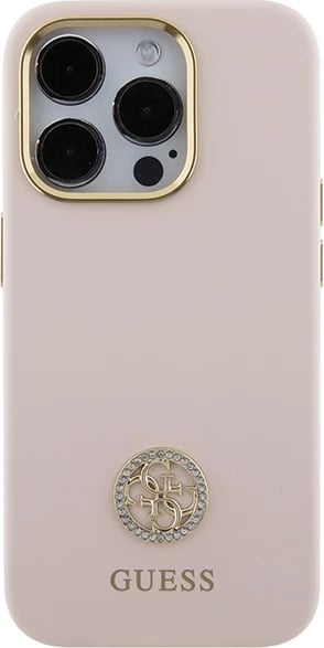 Mbështjellës Guess Silicone Logo Strass 4G për iPhone 15 Pro, rozë e çelët