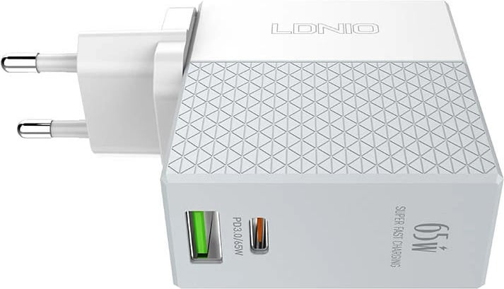 Karikues rrjeti LDNIO A2620C, 65W, 2 porta USB-A/USB-C, me kabllo USB-C në USB-C, Bardhë