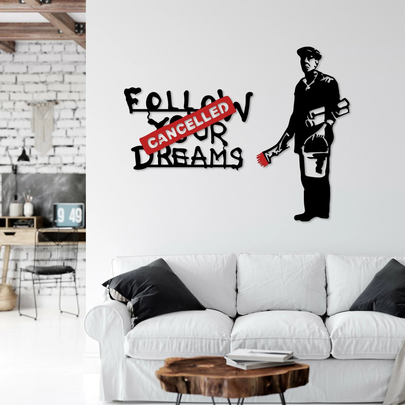 Aksesor dekorativ metalik për mur, Banksy Metal 06, bardhë e kuqe, 64x42cm ose 46x87cm