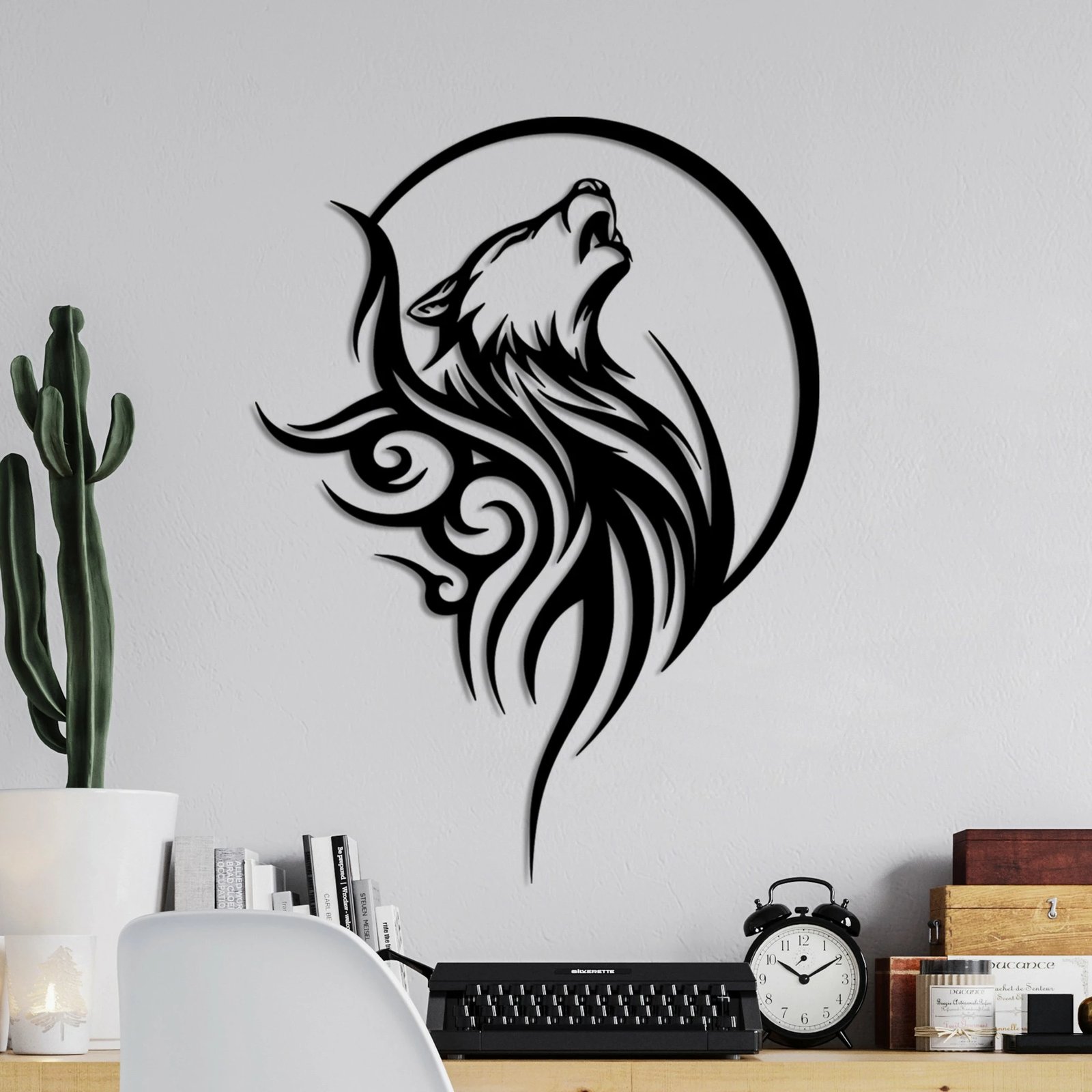 Aksesor dekorativ metalik për mur, dizajn ujku, Wallity, Wolfmoon