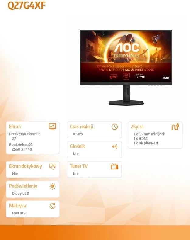Monitor AOC Q27G4XF, 27", 180Hz, Fast IPS, QHD, i zi Monitor AOC Q27G4XF, 27", 180Hz, Fast IPS, QHD, i zi