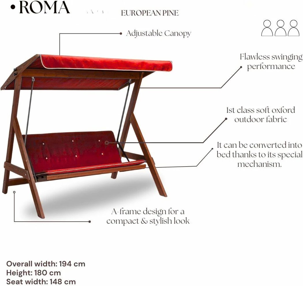 Karrige lëkundëse treshe për kopsht, ngjyrë e kuqe, Skye Decor Roma 2003