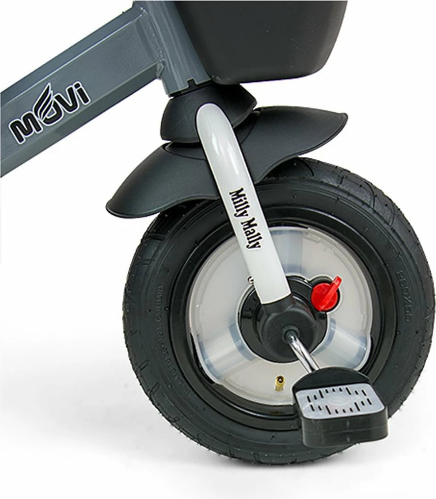 Tricikel për fëmijë Milly Mally Movi sedile 360°, rrota të fryra, dorezë prindi e rregullueshme, tendë palosëse, gri
