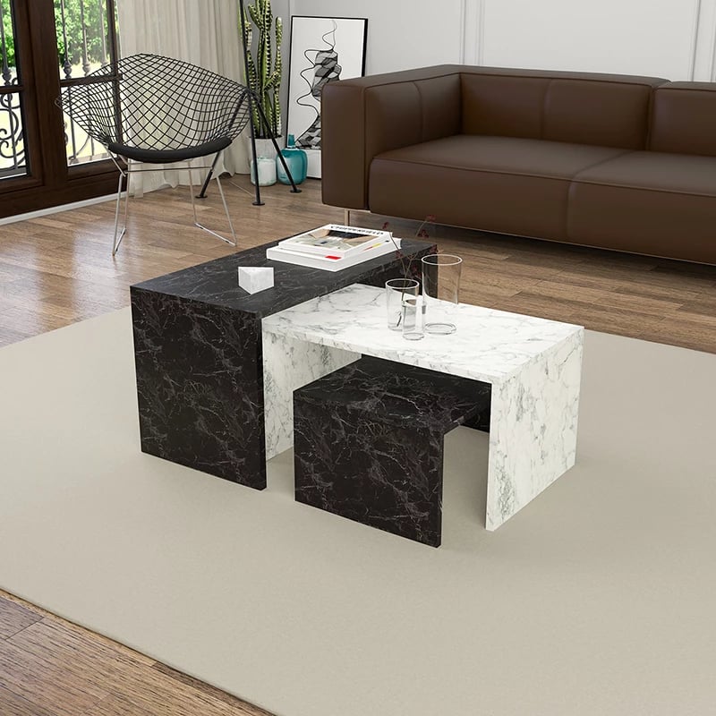 Tavolina kafeje Mabole 3 copë efekt mermeri 65x35x45cm