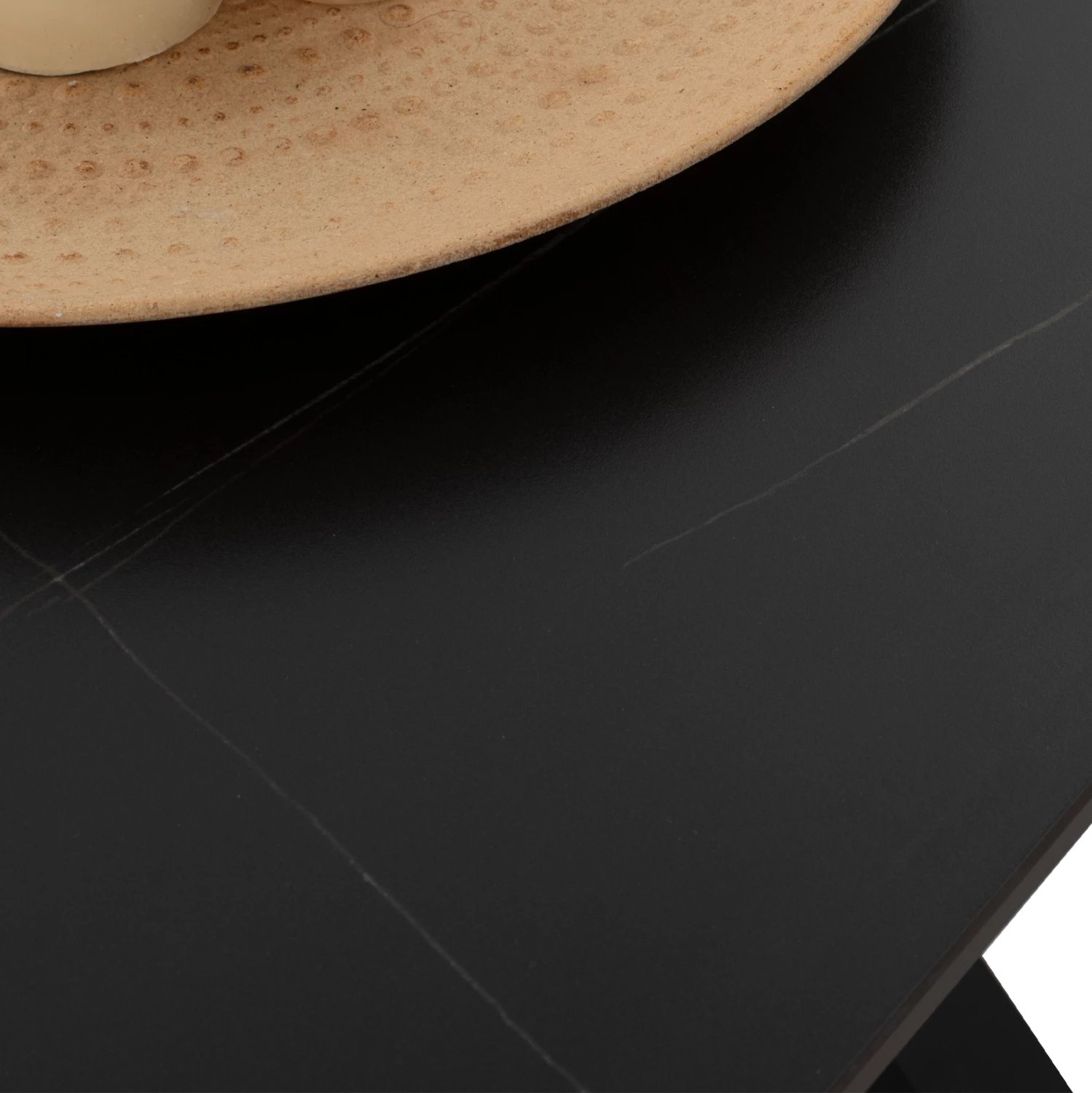 Tavolinë për ngrënie, gur i sinteruar, këmbë metali të zeza, 160x90x75 cm