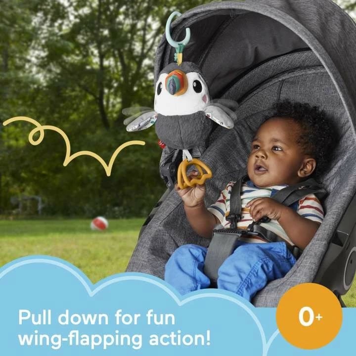 Lodër pelushi Fisher Price Flap & Go Toucan për karrocë, Gri/Bardhë