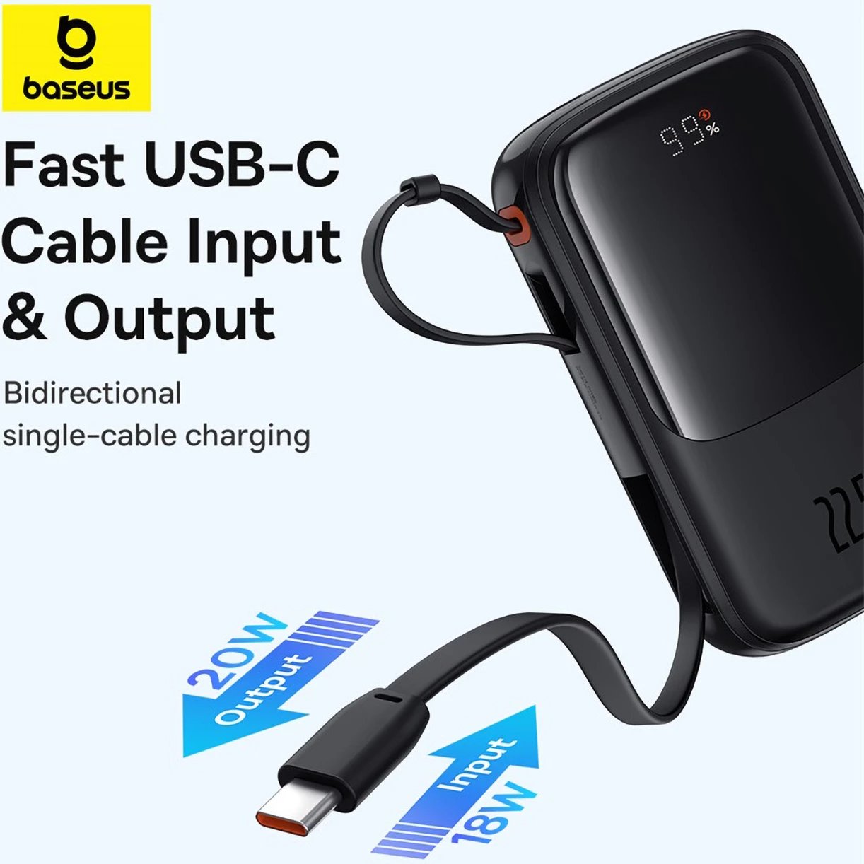 Powerbank Baseus QPow Pro+ 10000mAh, 22.5W, me kabllo USB-C të integruar dhe ekran, e zezë Powerbank Baseus QPow Pro+ 10000mAh, 22.5W, me kabllo USB-C të integruar dhe ekran, e zezë