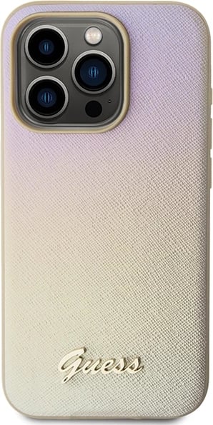 Mbështjellës Guess Saffiano Iridescent Script për iPhone 14 Pro, Gold