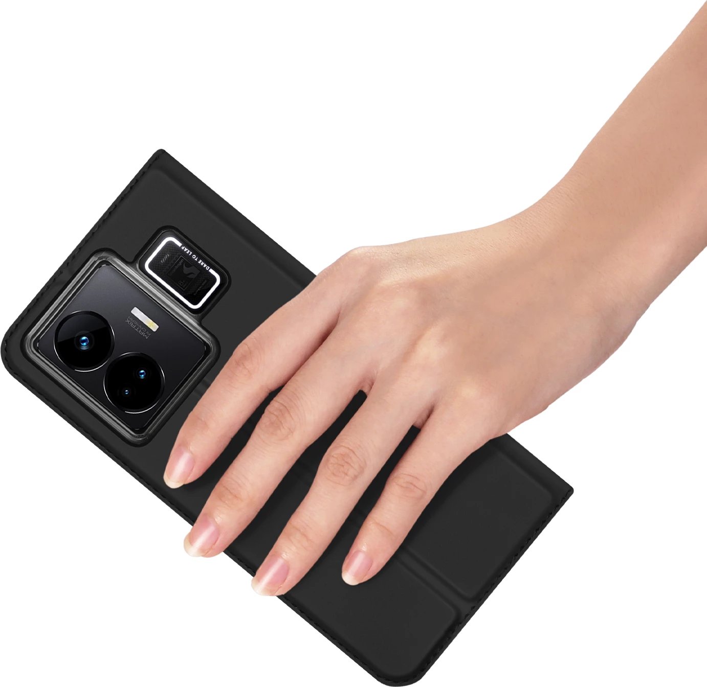 Mbështjellës Dux Ducis Skin Pro për Realme GT Neo 5 / Realme GT3, me kapak, xhep kartelash, funksion standi, e zezë Mbështjellës Dux Ducis Skin Pro për Realme GT Neo 5 / Realme GT3, me kapak, xhep kartelash, funksion standi, e zezë