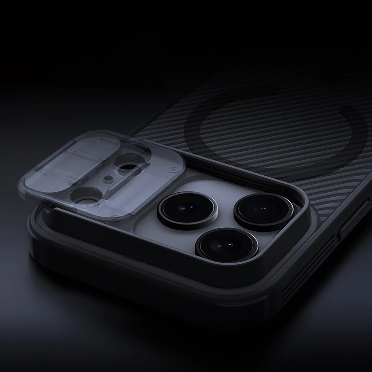 Mbështjellës Nillkin CamShield Pro për iPhone 17 Pro, MagSafe kompatibil, PC+TPU, transparent i zi