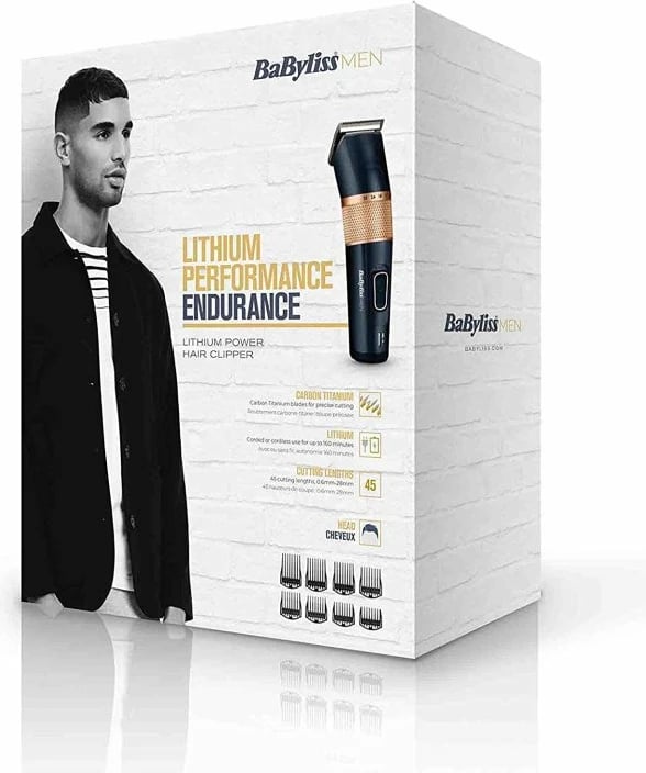 Trimmer flokësh dhe mjekre, BaByliss E986E, bateri litium, përdorim me kabllo/pa kabllo, 160 min autonomi, 8 krehësa udhëzues