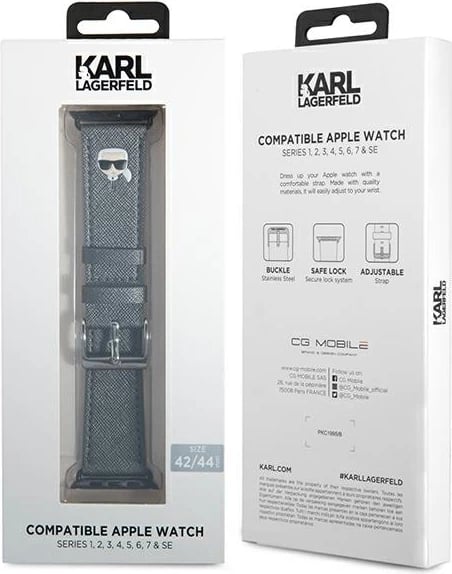 Rrip për Apple Watch Karl Lagerfeld KLAWLOKHG Ikonik Saffiano, 42/44/45mm, argjend