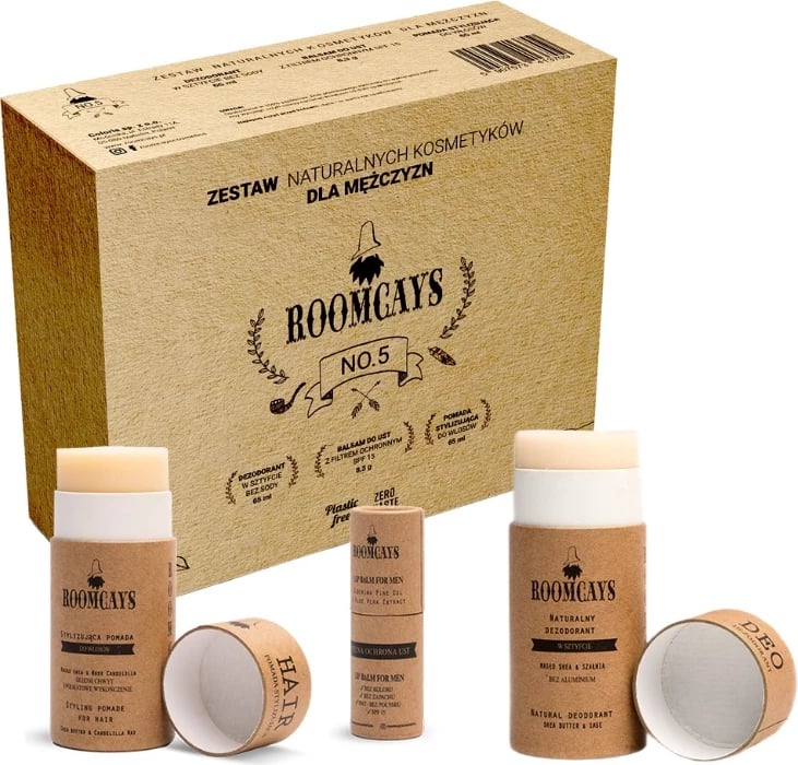 Set kozmetike për meshkuj ROOMCAYS #5 dezodorant stick 65ml, pomadë flokësh 65ml, balsam për buzë SPF15 8.3g