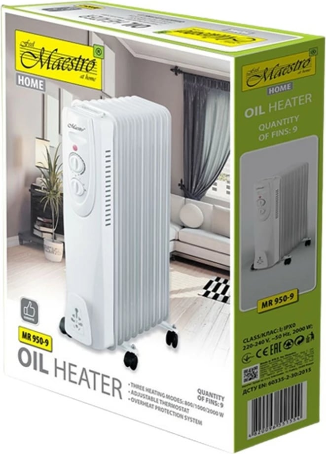 Ngrohës me vaj, Feel-Maestro, MR-950-9, 2000W, 9 rebra, 3 nivele, termostat, mbrojtje nga mbinxehja, e bardhë