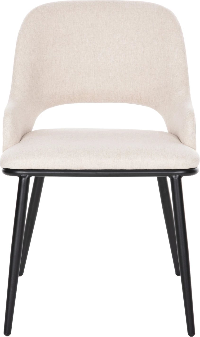 Karrige ngrënieje DELF FH9617.02, pëlhurë bezhë, këmbë metali të zeza, shpinë druri ngjyrë lisi, 48x55x76 cm, set prej 2 copë